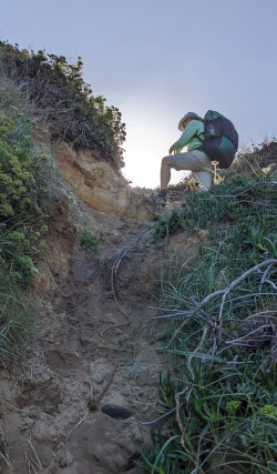 Climbing up cliff from beach